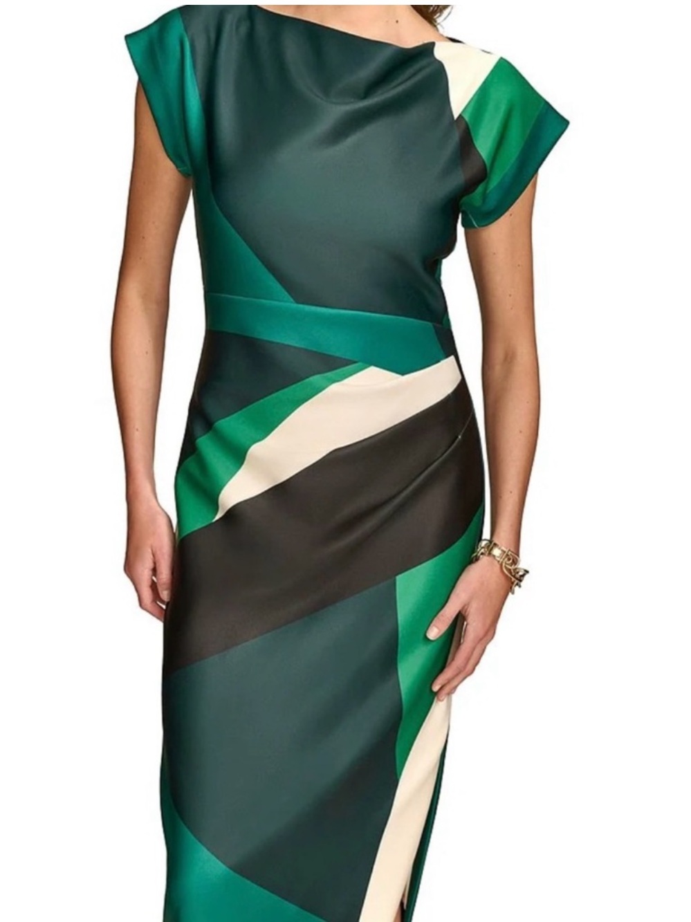 Donna Karen SHORT SLEEVE COLOR-BLOCK MIDI SHEATH DRESS GREEN SCUBA KNIT NWT SZ 2 - Picture 15 of 15
